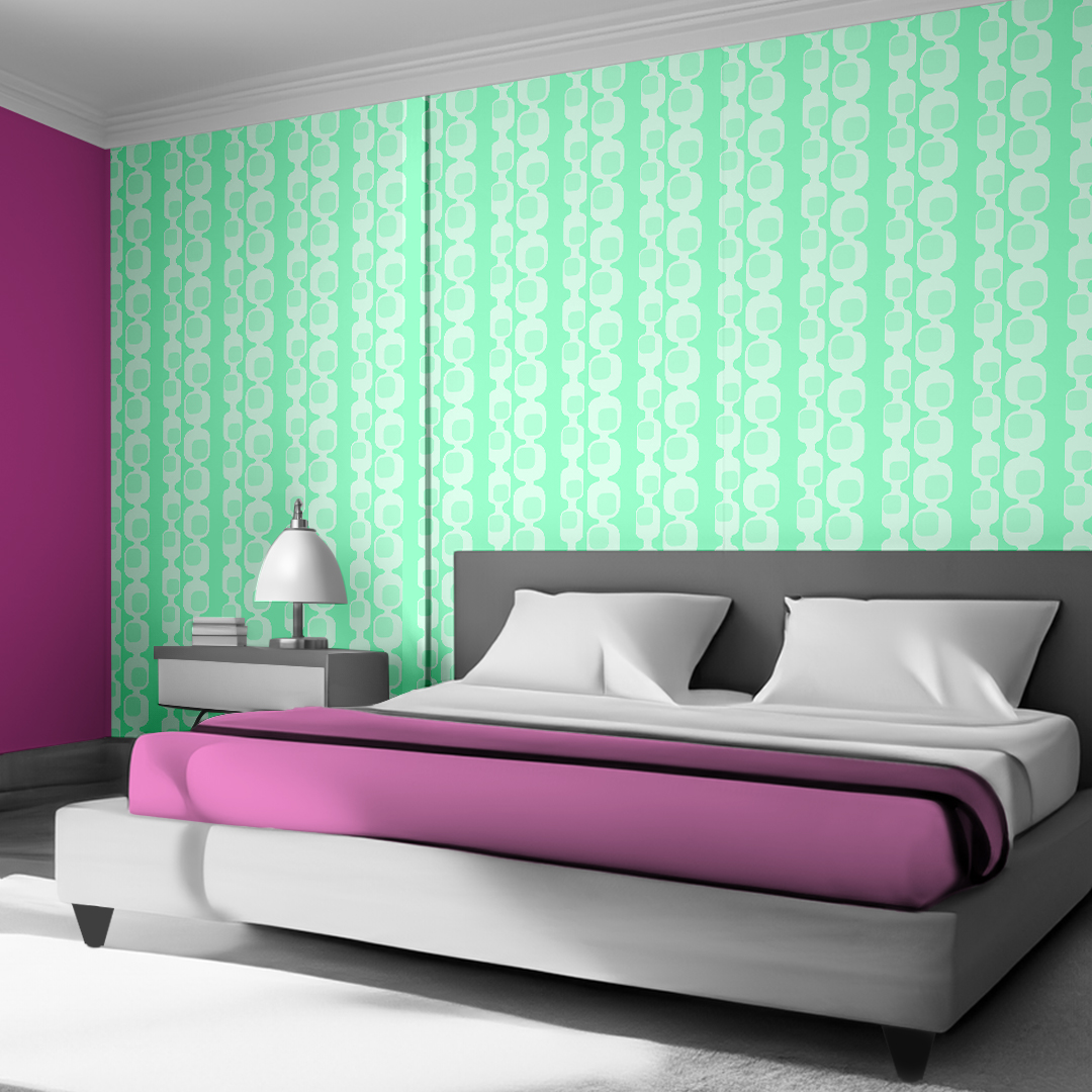 The artwork features a repeating geometric pattern of symmetrical shapes resembling elongated, curved diamonds or petals in various shades of blue and green. Each shape is split vertically with one half filled with a light blue and the other half filled with green or darker blue. The background is a light, almost pastel blue, which provides a soft yet vibrant backdrop. One of the blue shapes near the upper left contains a white starburst element, adding a focal point of brightness to the composition. The overall design conveys a modern, mid-century aesthetic with clean lines and harmonious color contrasts.